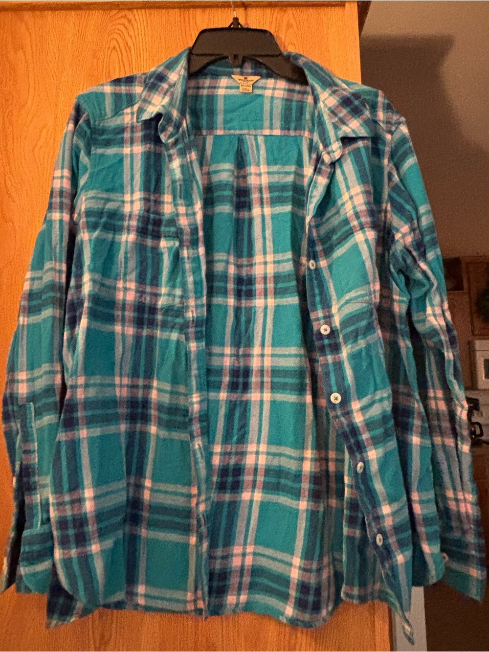 Womens Teal Plaid Button-Up Shirt